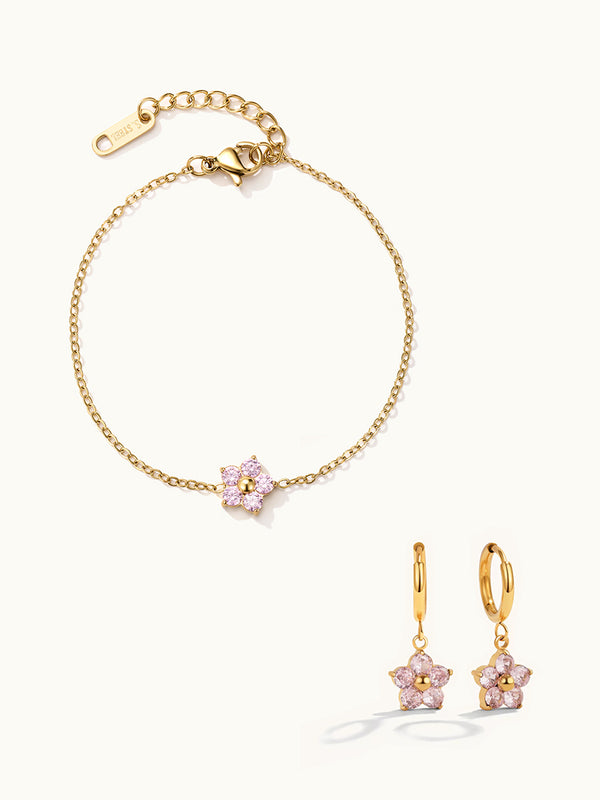 Single Pink Flower Zirconia Bracelet & Hoop Earrings Set
