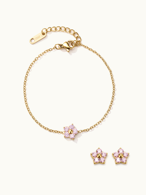 Single Pink Flower Zirconia Bracelet & Pink Studs Set