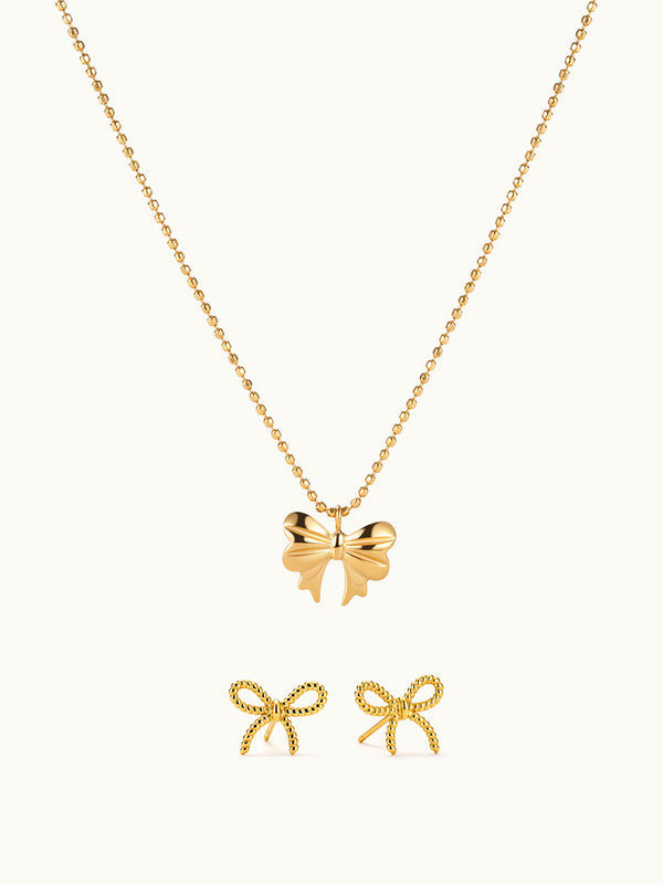 Bow Necklace & Bow Twist Stud Earrings Set
