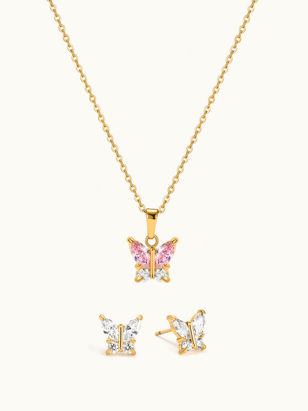 Pink Butterfly Necklace & Stud Earrings Set
