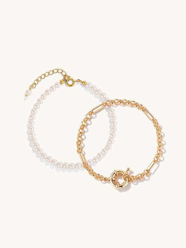 4mm Tiny Pearl Armband & Lariat Chain Circle Armband Set