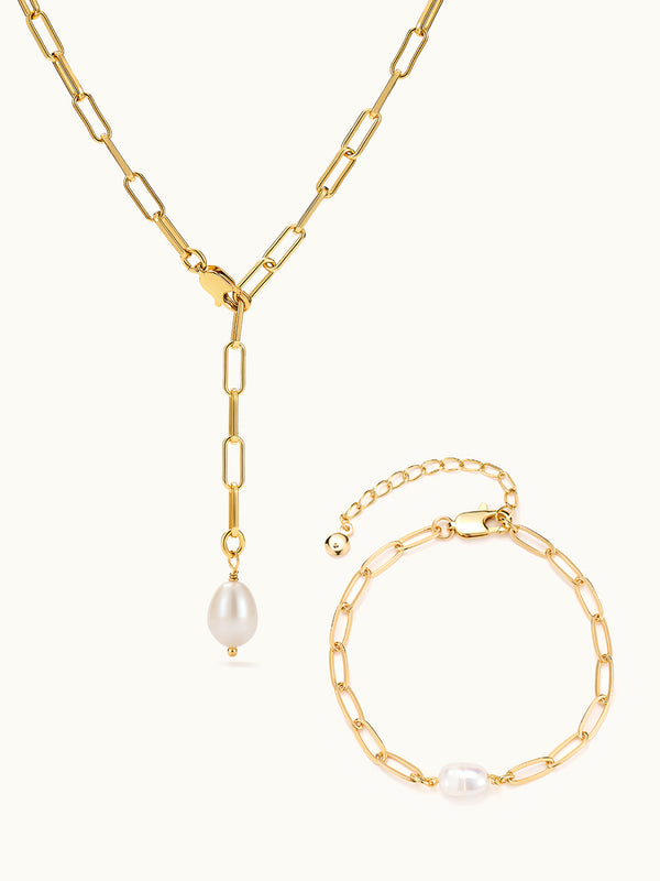 Paperclip Pearl Y Necklace & Single Pearl Bracelet Set
