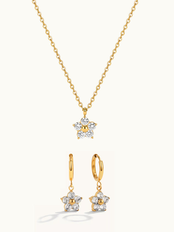 Zircon Flower Pendant Necklace & Hoop Earrings Set