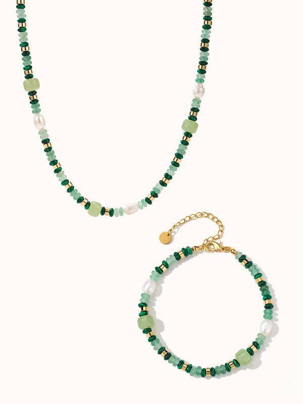 Boho Irregular Aventurine Pearl Strand Kette & Armband Set