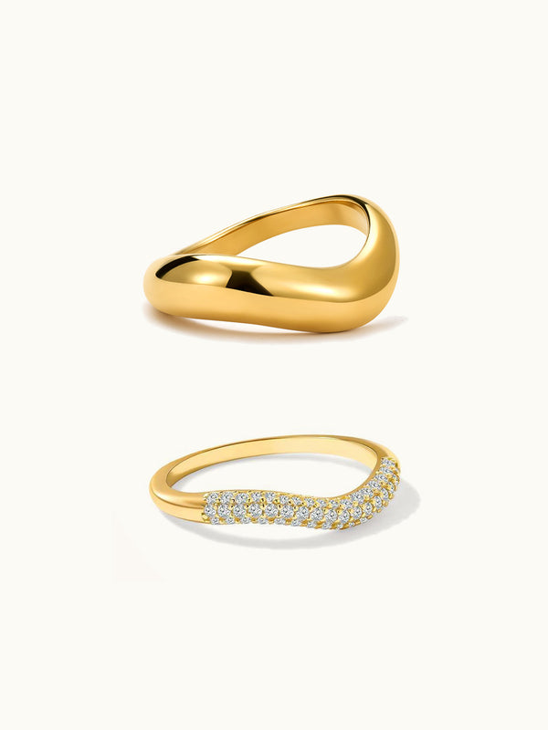 Dome Wave Ring & Wave Ring With Zirconia Gold Set