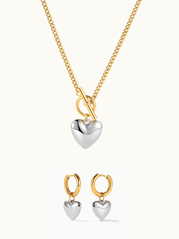 Mix Metal Heart Necklace & Earrings Set