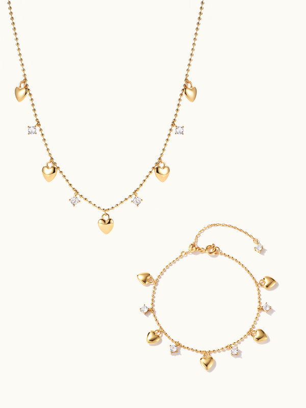 Puffy Heart Dangle Necklace & Bracelet Set