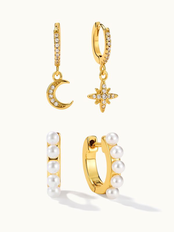 Moon And Star Zircon Hoop Ohrringe und Five Pearls Huggie Hoops Set