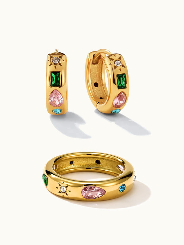 Fancy Hoop Ohrringe Gold und Colorful Gemstone Cluster Ring Set