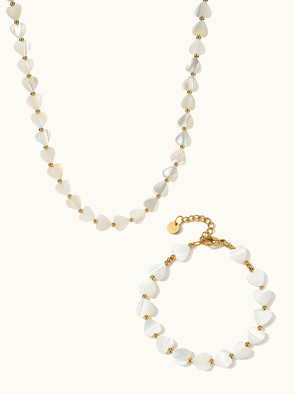 Heart White Shells With Gold Bead Kette & Armband Set